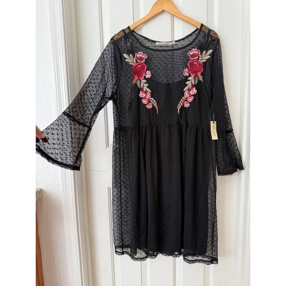 Liberty Love Womens 1XL Black Swiss Dot Mesh Floral Embroidered Babydoll‎ Dress